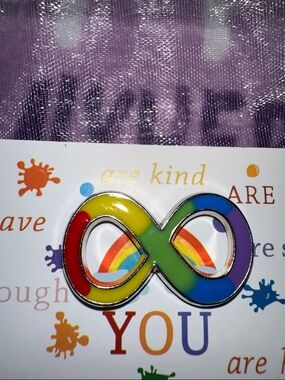 Rainbow Infinity Enamel Pin with Positive Affirmation Card in a sheer bag